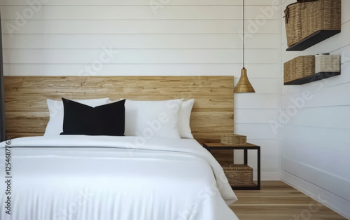 Wallpaper Mural Cozy bedroom with minimalist design featuring wooden accents and soft bedding Torontodigital.ca