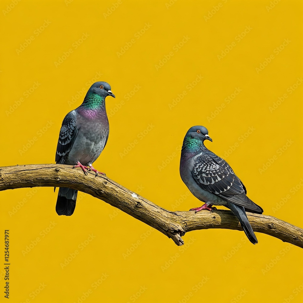 Obraz premium Two Pigeons on branch with yellow color background. 