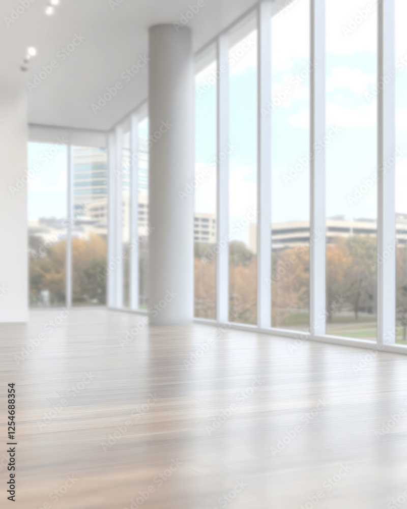 Fototapeta premium Spacious modern interior with large windows and city view during daytime