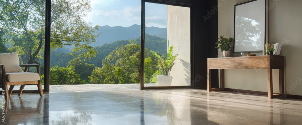Fototapeta premium Modern interior design with beautiful mountain view from spacious living room