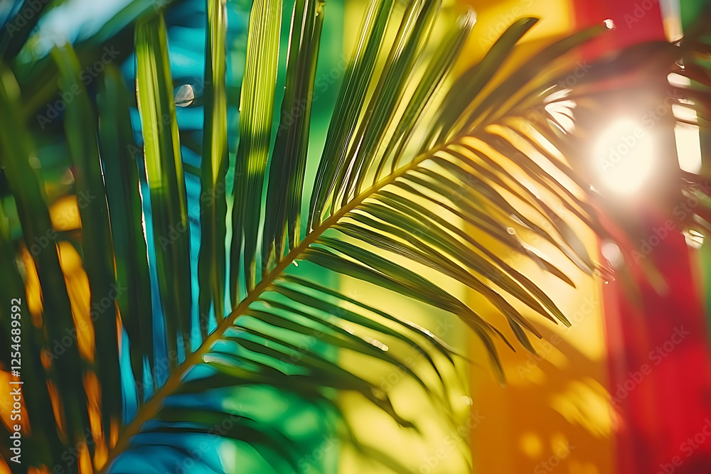 Obraz premium Tropical Palm Leaf, Sunlit, Colorful Background, Summer Vacation