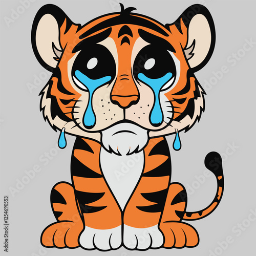 Tears of a Tiny Tiger: A Cartoon Cub with Big, Sad Eyes and Blue Tears Streaming Down its Face, Sitting with Droopy Paws on a Soft Gray Background