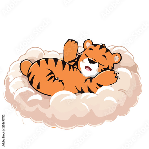 Dreaming of Tiger Treats: A Cartoon Tiger Cub Snoozing Peacefully on a Fluffy Cloud, with Paws in the Air and a Happy Little Snore, Against a Pure White Backdrop