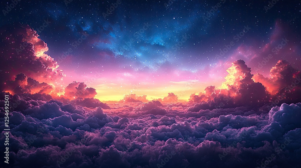 Naklejka premium Vibrant sunset over a sea of clouds, showcasing colorful hues and twinkling stars in the sky