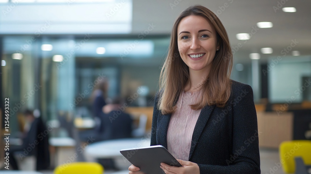 Successful Female Entrepreneur Smiling Holding a Tablet in Stylish Office Successful Female Entrepreneur Smiling Holding a Tablet in Stylish Office