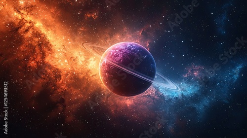 Vibrant depiction of a planet surrounded by colorful cosmic clouds and distant stars in space