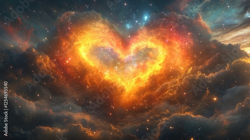 A vibrant heart-shaped nebula glowing in a cosmic sky filled with colorful stars and clouds