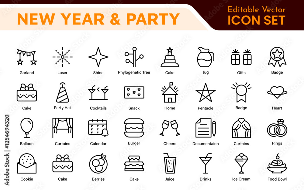 Naklejka premium New Year and Celebration Icon Set. A festive collection of vibrant icons designed to enhance celebrations, perfect for party invitations, event promotions, and holiday-themed projects.