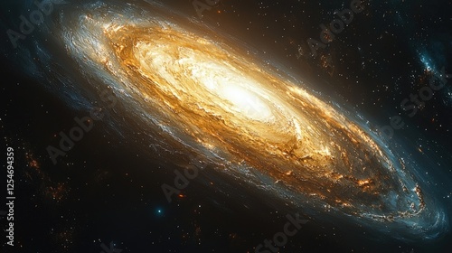 Stunning spiral galaxy illuminated by golden hues, surrounded by stars in a deep space background