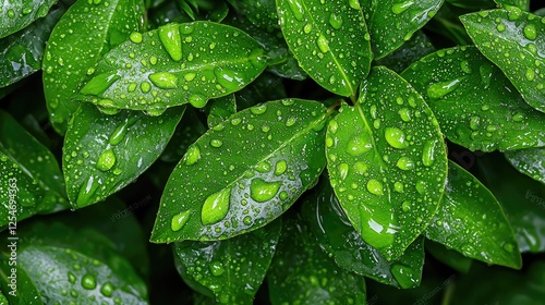 Dew-covered leaves, lush garden, natural background, eco-friendly design
