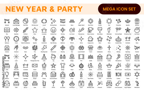 New Year and Celebration Icon Set. A festive collection of vibrant icons designed to enhance celebrations, perfect for party invitations, event promotions, and holiday-themed projects.