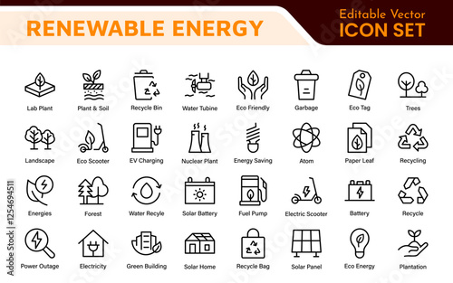 Renewable Energy Icon Set. A dynamic collection of icons showcasing sustainable energy solutions, perfect for environmental projects, educational materials, and green technology applications.