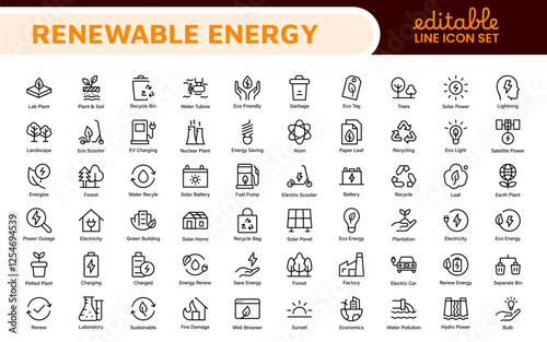 Renewable Energy Icon Set. A dynamic collection of icons showcasing sustainable energy solutions, perfect for environmental projects, educational materials, and green technology applications.