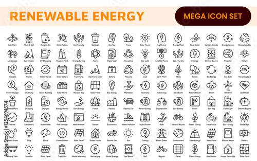 Renewable Energy Icon Set. A dynamic collection of icons showcasing sustainable energy solutions, perfect for environmental projects, educational materials, and green technology applications.