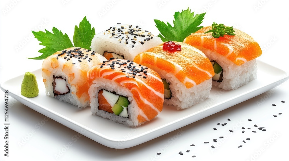 Freshly prepared sushi rolls on a white plate with vibrant garnishes and wasabi Freshly prepared sushi rolls on a white plate with vibrant garnishes and wasabi
