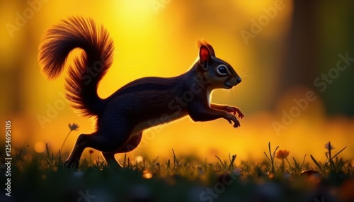 Silhouette of a squirrel leaping, bushy tail arched , clipart, twig photo