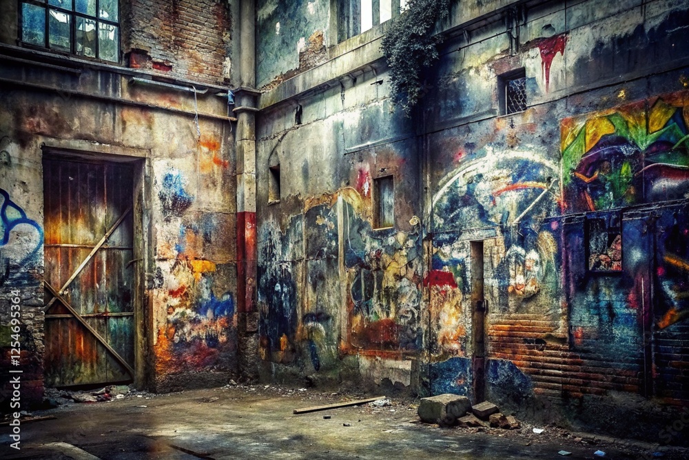 Fototapeta premium weathered graffiti-covered wall with layers of spray paint, tags, and urban decay