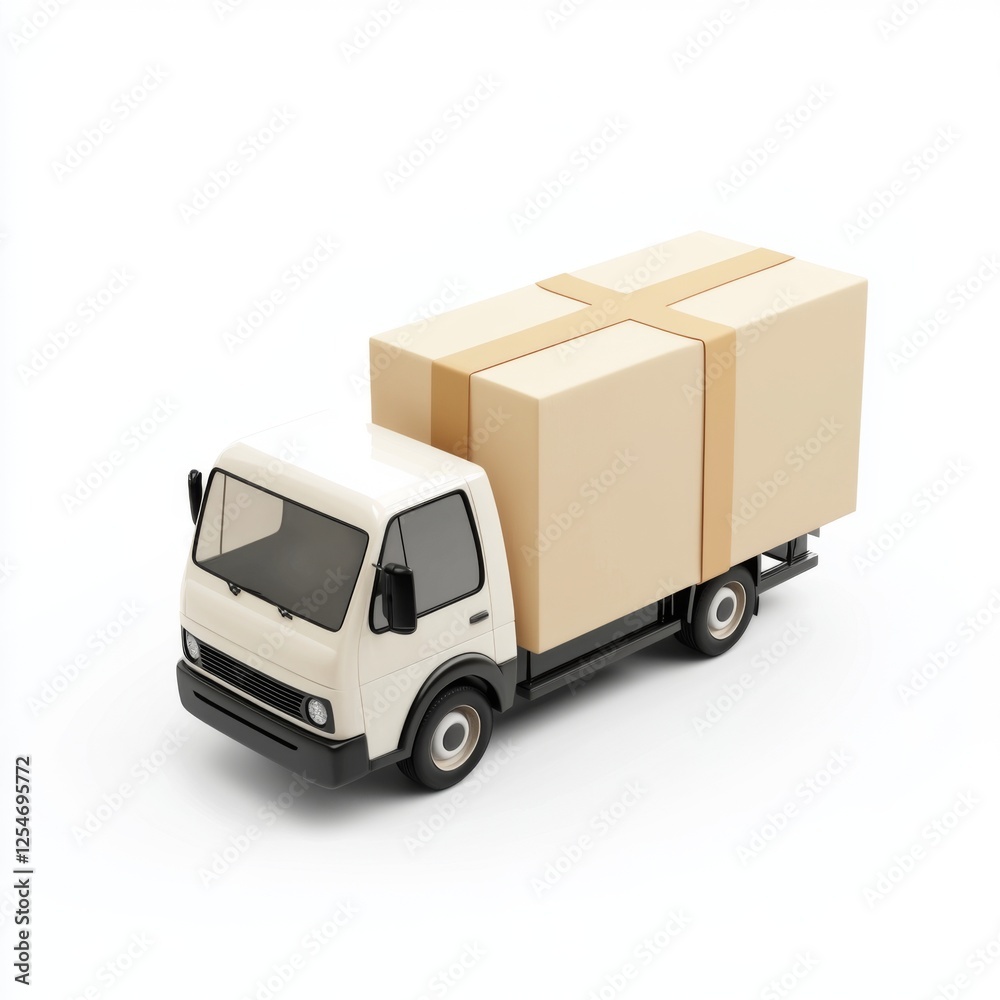 White Delivery Truck with Cardboard Boxes Ready for Shipping on Isolated Background