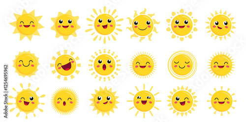 Sun happy face clipart set. Sunshine emoticon characters in cute yellow drawing clip art with different rays collection vector illustration. 
