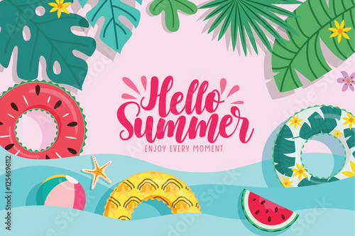 Hello summer greeting clipart design. Summer tropical clip art with floaters, leaves and flowers beach elements for holiday seasonal background vector illustration. 
