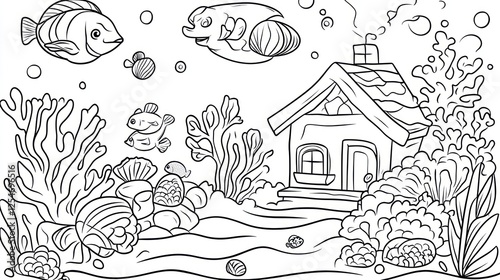 Underwater Coloring Book House, Fishes, Coral photo