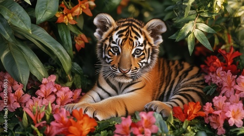 A charming view of a tiger cub resting on a bed of tropical flowers, its stripes contrasting beautifully