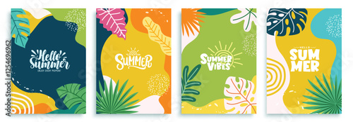 Summer abstract clipart poster set. Summer greeting card with colorful drawing tropical leaves clip art in abstract background collection vector illustration. 

