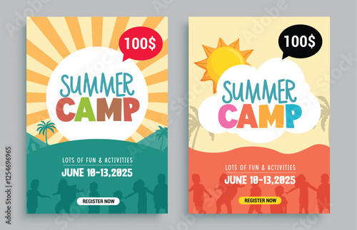Summer camp clipart template set. Summer camp invitation card clip art design for holiday fun activities flyers and poster collection vector illustration. 
