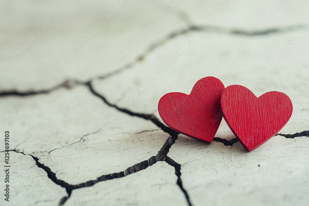 Two red wooden hearts resting on a cracked white surface, symbolizing love, resilience, and the strength of relationships amidst challenges, generative ai Two red wooden hearts resting on a cracked white surface, symbolizing love, resilience, and the strength of relationships amidst challenges, generative ai