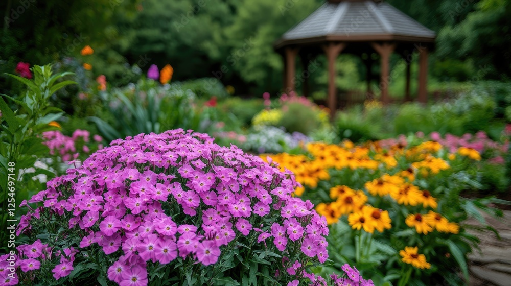 Blooming phlox flowers creating vibrant garden scene with gazebo in background Blooming phlox flowers creating vibrant garden scene with gazebo in background