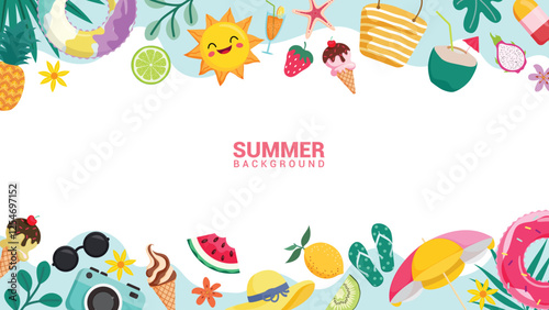 Summer clipart background design. Summer background with colorful beach elements like sun, floaters, ice cream and bag clip art decoration vector illustration. 
