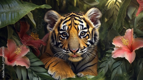 A tiger cub partially hidden by oversized tropical leaves and blossoms, giving it a playful, camouflaged look