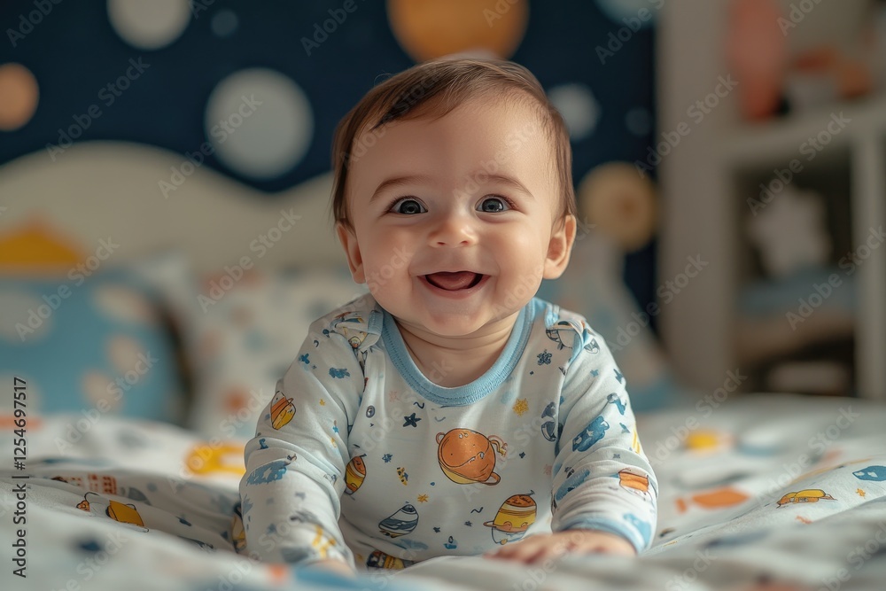 Adorable baby smiling and playing on bed in space-themed nursery Adorable baby smiling and playing on bed in space-themed nursery