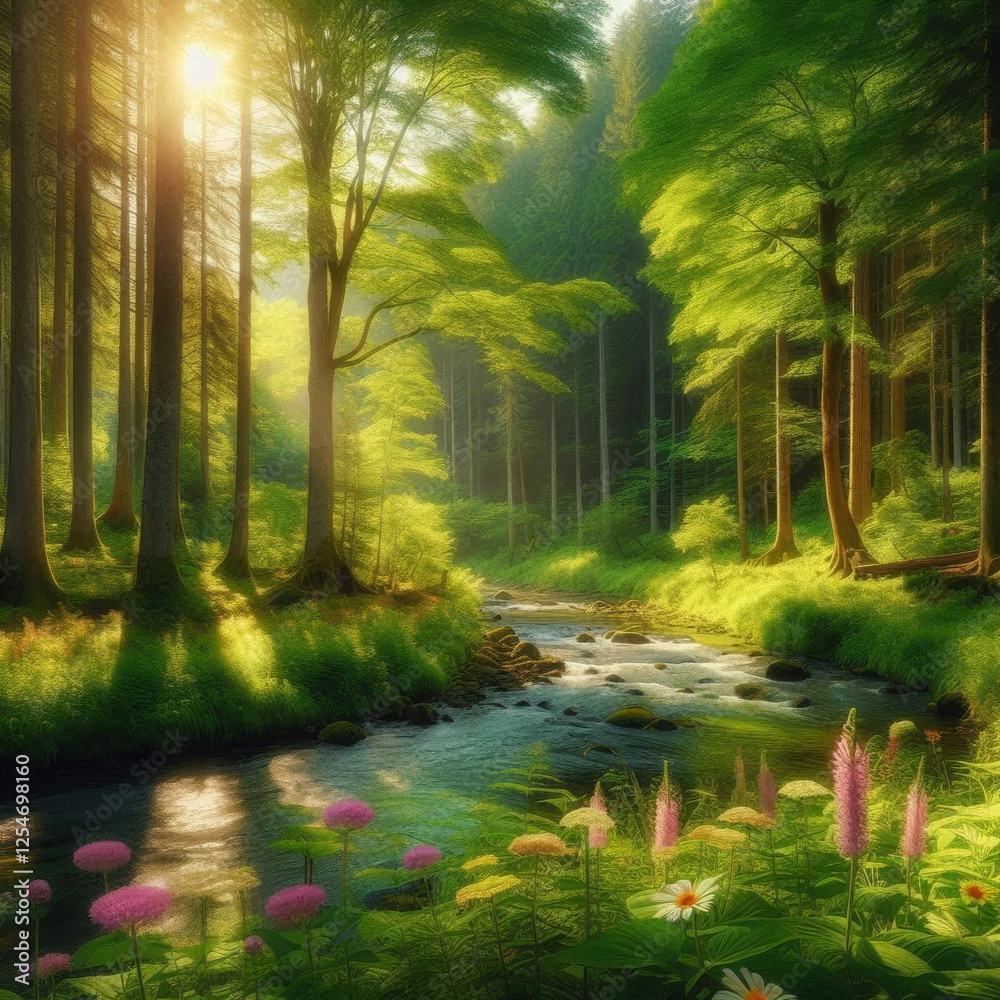 Obraz premium A serene forest surrounds a gently flowing river, creating a harmonious blend of nature's beauty