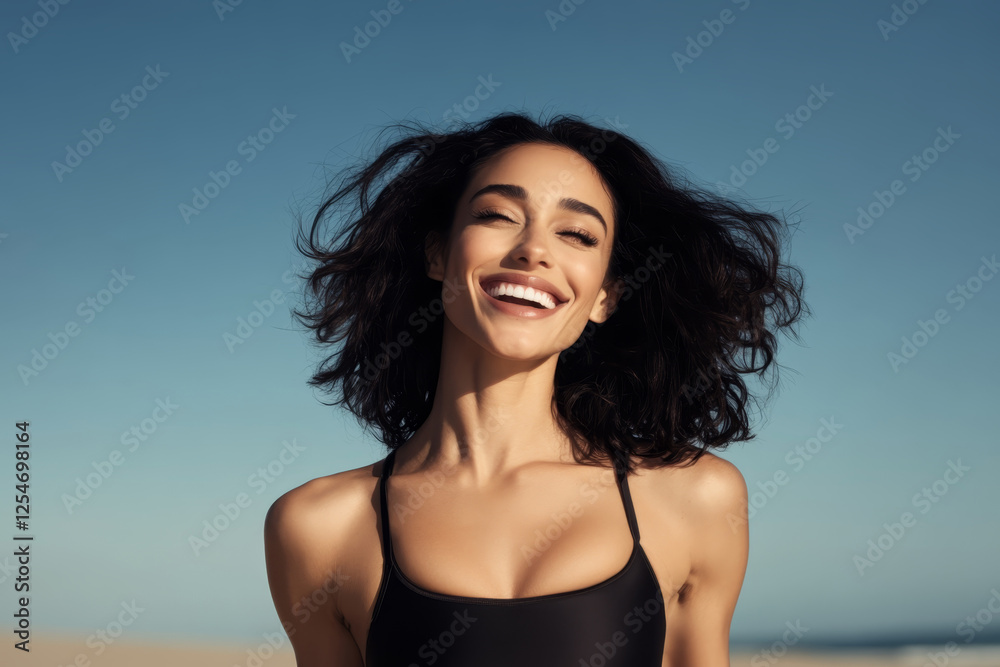 Smiling woman enjoying a sunny day on the beach with open hair Smiling woman enjoying a sunny day on the beach with open hair