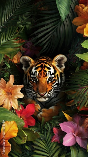 A delightful scene of a tiger cub playing hide-and-seek among colorful tropical foliage and flowers