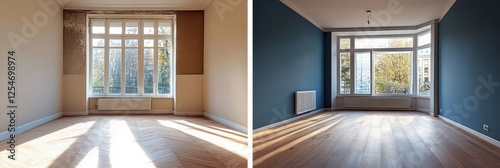 Contrast between outdated dark interiors and bright modern renovated design in a spacious room. Generative AI photo