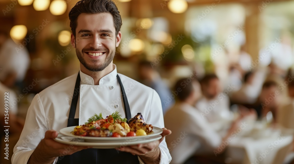 Smiling chef holds out his dish in restaurant Smiling chef holds out his dish in restaurant