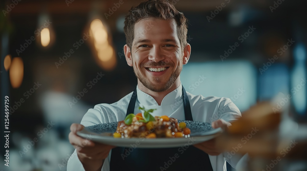 Smiling chef holds out his dish in restaurant Smiling chef holds out his dish in restaurant