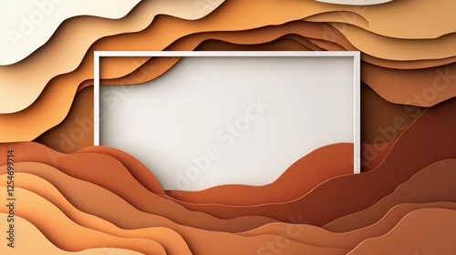 Chocolate mocha brown paper cut composition with layers of geometric shapes and lines with white frame. Top view, copy space