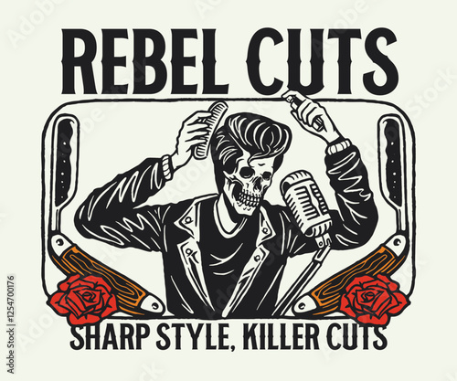A retro rockabilly barbershop logo illustration, featuring a slicked-back greaser styling his hair with a comb, microphone, straight razors, and roses in vintage tattoo-inspired style.