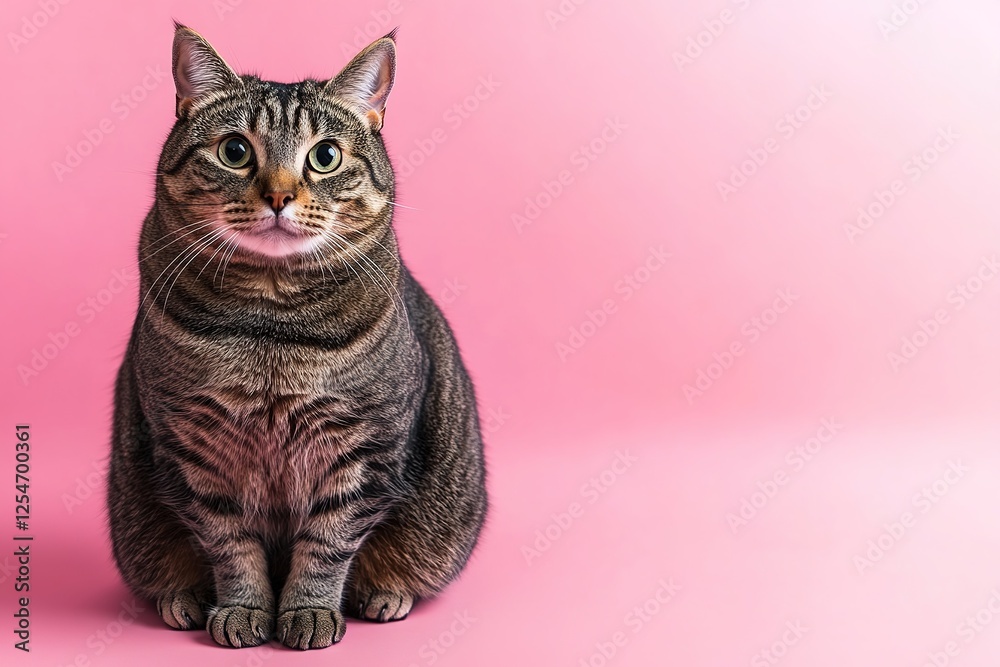 Obraz premium Overweight cat sitting pink background