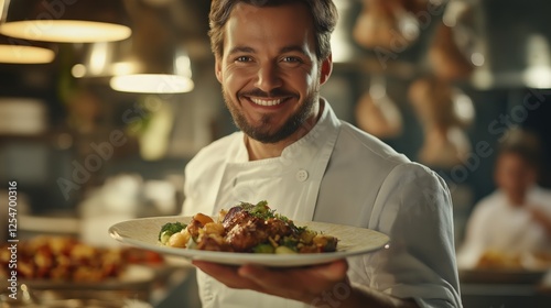 Smiling chef holds out his dish in restaurant