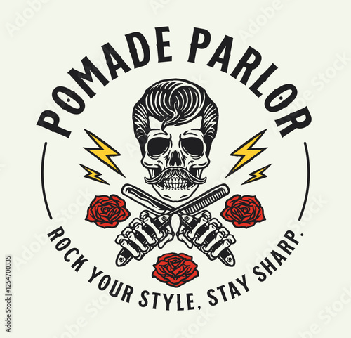 A retro barbershop logo illustration featuring a pompadour-styled skull with crossed combs, roses, and lightning bolts in a vintage tattoo-inspired rockabilly style.