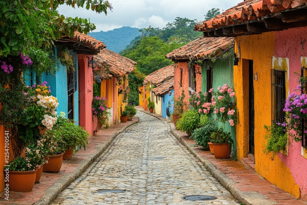 Fototapeta premium Vibrant cobblestone street with colorful houses