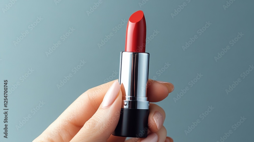 Stylish red lipstick held in hand Stylish red lipstick held in hand
