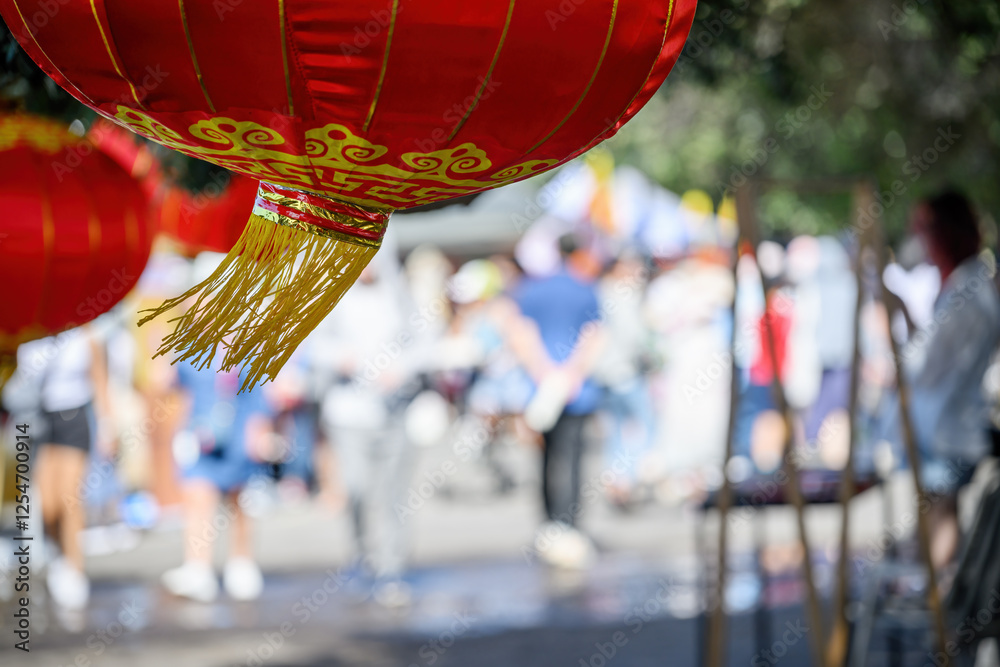 Red lanterns hanging under the Pohutukawa trees. Big crowd celebrating Chinese New Year. Auckland.