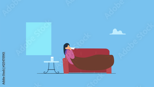 Vector illustration of a woman sneezing due to cold, flu or coronavirus resting on the sofa.