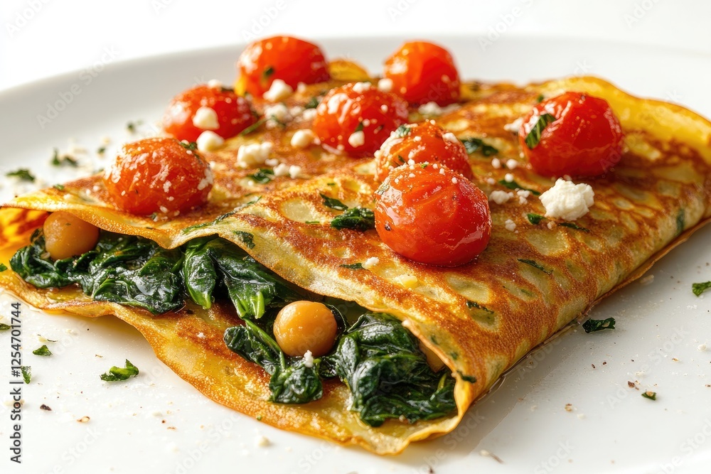 Delicious crepe filled with spinach and topped with cherry tomatoes Delicious crepe filled with spinach and topped with cherry tomatoes
