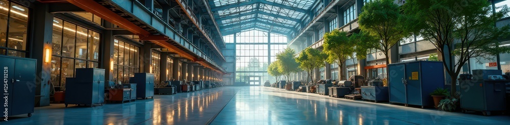 High-ceilinged factory, glass walls, tree line, modern, light, architecture High-ceilinged factory, glass walls, tree line, modern, light, architecture